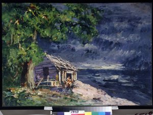 Designprosjekt for balletten Le Poisson Dore av Ludwig (Leon) Minkus (Scenedesign for balletten The Golden Fish av Ludwig Minkus) - En trehytte ved sjøen - Verk av Konstantin Alexeyevich Korovin (Constantin Korovine) (1861) -1939) , tinning av Konstantin Alekseevich Korovin