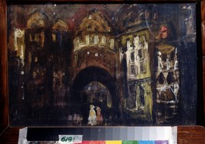 Scenedesign for operaen Faust av Charles Gounod (Scenedesign for operaen Faust av C. Gounod). Verk av Konstantin Alexeyevich Korovin (Constantin Korovin) (1861-1939), gouache på papp av Konstantin Alekseevich Korovin