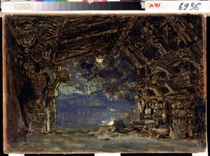 Scenografi for operaen Twilight of the Gods av Richard Wagner. (Scenedesign for operaen The Twilight of the Gods av R. Wagner). Verk av Konstantin Alexeyevich Korovin (Constantin Korovin) (1861-1939), tempera på papp av Konstantin Alekseevich Korovin