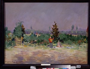 En varm dag i nærheten av Moskva (A Hot Day Near Moscow). Et par på piknik på landet, mannen som står spiller gitar. Maleri av Konstantin Alexeyevich Korovin (Constantin Korovin) (1861-1939), olje på lerret av Konstantin Alekseevich Korovin