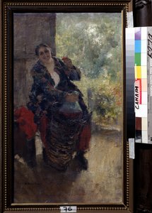 En utleier eller kvinne med et glass vin (A Landlady, Woman with a Glass of Wine). En sterk sittende kvinne hever glasset for å skåle og holder en stor flaske vin. Maleri av Konstantin Alexeyevich Korovin (Constantin Korovin) (1861-1939), av Konstantin Alekseevich Korovin
