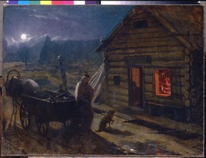 Foran en taverna (Nattscene, en kvinne med babyen sin og en hund venter ved siden av en hestevogn, foran den åpne døren til en trebygning, hvor fulle menn er samlet) - Før en taverna - Maleri av Konstantin Alexander