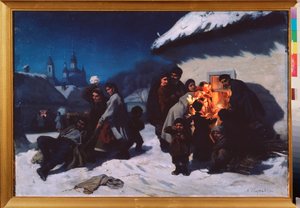 Le cantique de Noel en Ukraine (Julesangen i Ukraina) - Maleri av Konstantin Alexandrovich Trutovsky (Troutovsky) (1826-1893), olje på lerret
