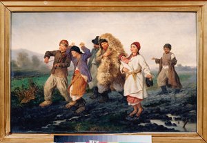 The Return From The Fair (En full, fattig bondefamilie går nedover en gjørmete vei, synger og danser) - The Return From The Fair - Maleri av Konstantin Alexandrovich Trutovsky (Troutovsky) (1826-1893), olje på lerret