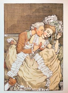 Illustrasjon for ""Le Livre de la Marquise"" av Franz Blei (Illustrasjon til Marquiseboken av Franz Blei) (en marchjoninne som småprater med en utålmodig elsker) - Verk av Konstantin (Constantin) Andreyevich Somov (1869-1939), etsning av Konstantin Andreevic Somov