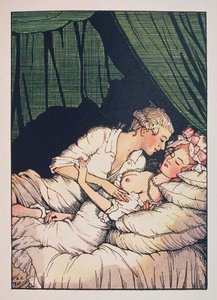 Illustrasjon for ""Le Livre de la Marquise"" av Franz Blei (Illustrasjon til Marquiseboken av Franz Blei) (en markis, toppløs, liggende i sengen med elskeren sin) - Verk av Konstantin (Constantin) Andreyevich Somov (1869- 1939), etsning
