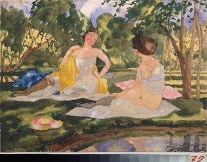 Sur l'herbe (On the Grass) - Verk av Konstantin (Constantin) Andreyevich Somov (1869-1939), akvarell og hvitt på papir av Konstantin Andreevic Somov