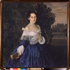 En kvinne i blått (Portrett av Yelisaveta Martynova). Maleri av Konstantin (Constantin) Andreyevich Somov (1869-1939), olje på lerret