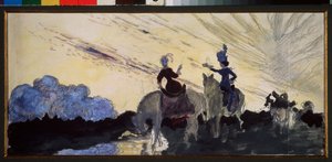 En spasertur. (To ryttere observerer himmelen og landskapet). Verk av Konstantin (Constantin) Andreyevich Somov (1869-1939), blyant og gouache på papir av Konstantin Andreevic Somov