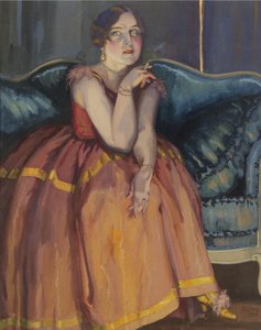 Kvinne røyker en sigarett på en sofa av Konstantin Andreevic Somov