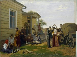 Fredsdommeren. Bygging av domstolen på den russiske landsbygda, bønder venter mens de prater, advokater er opptatt. Maleri av Konstantin Apollonovich Savitsky (1844-1905), olje på lerret. Russisk kunst fra 1800-tallet. Regi av Konstantin Apollonovich Savitsky