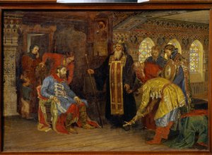 Invitasjonen fra prins Dmitrij Pozharsky (1577-1642) til å kommandere hærene for frigjøringen av Moskva. (Invitasjonen fra prinsen Pozharsky til å herske over hærer for frigjøringen av Moskva). Etter å ha mottatt Irenarchus av Rostovs velsignelse, Prince