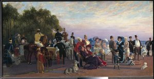 På tuppen av Vasilievski-øya, Strelka (Saint Petersburg) (On the Split Of The Island, Strelka). Møte av aristokrater en sommerkveld. Maleri av Konstantin Apollonovich Savitsky (1844-1905), olje på lerret, ca. 1870. Russisk kunst fra 1800-tallet, realisert