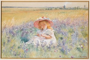 En ung jente i et felt med Salvia, Oxeye Daisies og Meadow Foxtail, av Konstantin Egorovich Makovsky