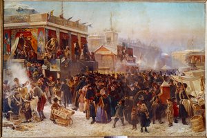 Balladins på Admiraut Square i St. Petersburg Street Theatre Show. Maleri av Constantine Makovsky (Makovsky) (1839-1915) (ec.rus.) 1869 Moskva, Tretyakov Gallery av Konstantin Egorovich Makovsky