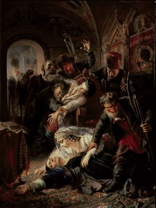 Innleide leiemordere som dreper tsar Boris Fyodorovich Godunov-sønn av Konstantin Egorovich Makovsky