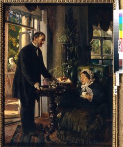 En herregård chatelaine. (En gammel dame tar te, servert av en tjener som gir henne brød og syltetøy). Maleri av Konstantin Yegorovich Makovsky (Constantin Makovsky) (1839-1915), olje på lerret av Konstantin Egorovich Makovsky