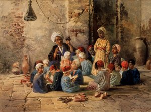 En skole i Kairo (Egypt). (En skole i Kairo). En lærer spør gutter i et klasserom, som er organisert på en matte på gulvet. En gutt står blant de andre, sitter og leser læreboken deres, matten er omgitt av sko av Konstantin Egorovich Makovsky