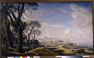 ""Paysage avec arbres"" (Landskap med trær) Peinture de Konstantin Fyodorovich Bogayevsky (Constantin Bogaievsky) (1872-1943) Olje på lerret 1927 State Tretyakov Gallery, Moscou