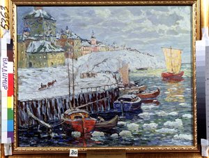 Fylling i en gammel russisk by. Beskrivelse av kaiene hvor båter ligger fortøyd i en elv dekket med snøblokker, i bakgrunnen en by og en seilbåt som går. Maleri av Konstantin (Co av Konstantin Ivanovich Gorbatov
