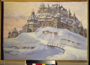Gammel russisk festning. (Befestet treby, under snøen i Ukraina i middelalderen). Verk av Konstantin (Constantin) Ivanovich Gorbatov (1876-1945), tempera på tre, tidlig på 1900-tallet. Privat samling.