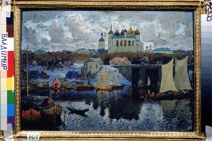 Broen ved Novgorod (Russland) (Novgorod, brygge). Maleri av Konstantin (Constantin) Ivanovich Gorbatov (1876-1945), olje på lerret