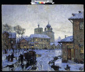 ""The Thaw"" Russisk landsbylandskap på slutten av vinteren. Maleri av Konstantin (Constantin) Gorbatov (1876-1945) 1910 M. Kroshitsky kunstmuseum, Sevastopol
