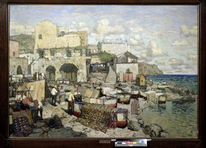 Utsikt over øya Capri (Italia). (Utsikt over Capri-øya). Maleri av Konstantin (Constantin) Ivanovich Gorbatov (1876-1945), olje på lerret. 20. århundre russisk kunst, realisme. Regionalt W. Wereshchagin kunstmuseum, Mykolaiv (eller Nikolaiev, Ukraina)
