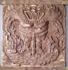 Art coreen: grå terrakotta murstein som viser et monster. Kingdom of Paekche (eller Paikchei eller Baekje), Korea. 7. århundre. Nasjonalmuseet i Korea av Korean School