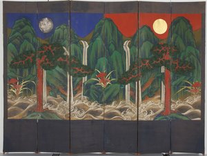 Landskap (tempera og bladgull på panel) av Korean School