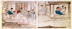 Art coreen: scener i huset til en geisha. Trykk fra 1758. Privat samling.