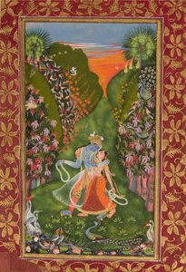 Radha og Krishna Walk in a Flower Grove recto, Krishna Fluting verso, c1720 r, c1750-75 v av Kota Master