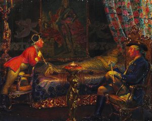 Struensee og Caroline Mathilde ved liket av dronning Sofie Magdalene, 1910.