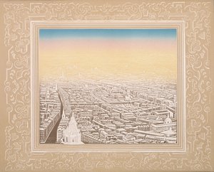 Luftfoto av London innrammet i en dekorativ kant, c1845