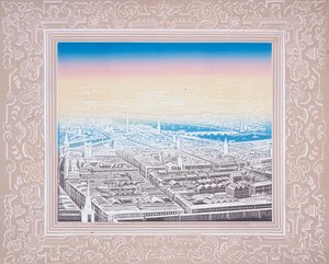 Luftfoto av London innrammet i en dekorativ kant, c1845.