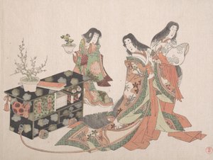 Hofdamer som drar et skap langs gulvet, 1800-tallet. av Kubo Shunman