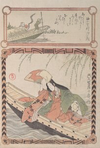 Courtesane i gammel kostyme sittende i en båt, 1800-tallet.