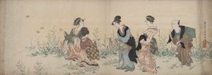 Fire jenter og en tjener som nyter ville blomster og sommerfugler av Kubo Shunman