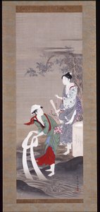 Two Beauties At The Tamagawa (Crystal River) In Mishima (blekk, gofun og farge på silke) av Kubo Shunman