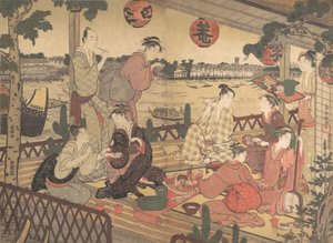 To unge menn og flere kvinner som spiser på et tehus på bredden av elven Sumida, ca. 1788. av Kubo Shunman