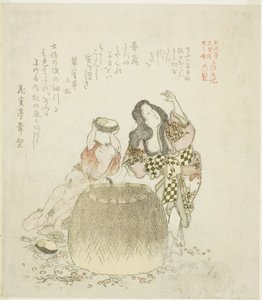 Kvinne og to gutter samler abalone, fra serien "The Tosa Diary (Tosa nikki)" av Kubo Shunman