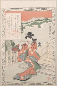 Ung kvinne som spiller fløyte ved en bro, 1800-tallet. av Kubo Shunman