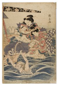 Vårscene av unge kvinner på reise, ca. 1786-1864 (treblokktrykk på papir) av Kuninaga Utagawa