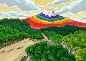 En enkelt vei og regnbuefarget Fuji-fjellet, 2023 (digitalt maleri)
