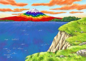 Regnbuefarget Fuji-fjellet over klippen, 2023 (digitalt maleri)
