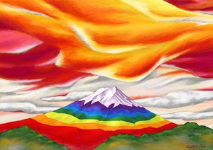 Regnbuefarget Fuji-fjellet omgitt av rødt og oransje, 2023 (digitalt maleri)
