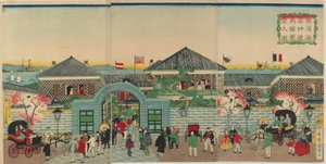 Bilde av velstanden til merkantile etablissementer langs Nakadouri på Yokohama, Meiji-tiden, 1870 (farget treblokktrykk) av Kuniteru II Utagawa