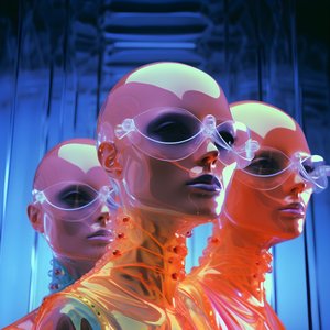 6 kvinner med 3d parametriske fluorescerende plastmasker i en surrealistisk og parametrisk fremtidsarkitektur, 1