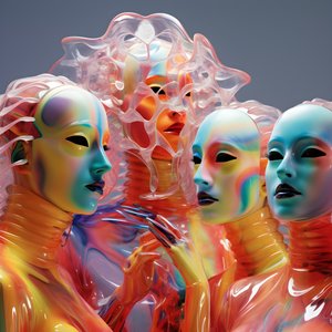 6 kvinner med 3d parametriske fluorescerende plastmasker i en surrealistisk og parametrisk fremtidsarkitektur, 2
