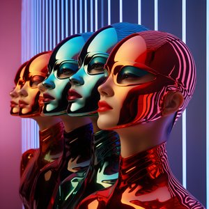 6 kvinner med 3d parametriske fluorescerende plastmasker i en surrealistisk og parametrisk fremtidsarkitektur, 3